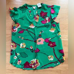 J. Crew Green Floral Split-Neck Blouse